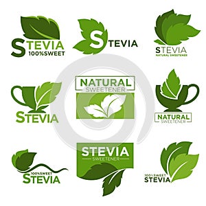 Stevia sweetener sugar natural substitute vector healthy product icons and labels