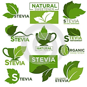 Stevia sweetener sugar substitute vector healthy product icons and labels