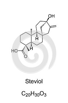 Steviol, stevia sugar, chemical formula and skeletal structure photo