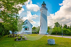 Stevns Lighthouse in Denmark during a cloudy day