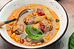 Stew lecho with meat on a light background, Restaurant menu, dieting, cookbook recipe top view