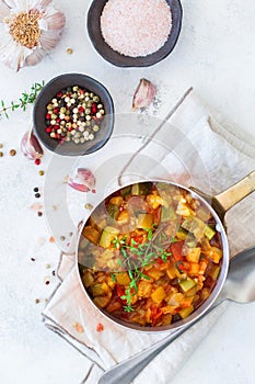Stew organic vegetables ragout french ratatouille in stewpan