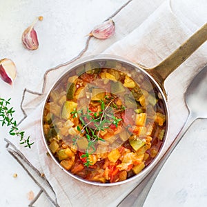 Stew organic vegetables ragout french ratatouille in stewpan