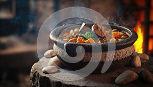 Stew On Stone, Blurred Background, Rustic Pub. Generative AI photo