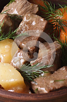 Stew with vegetables and dill in a pot macro. vertical