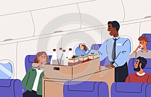 Steward with trolley in plane aisle, offering drinks for passengers. Flight attendant with cart in airplane, aircraft