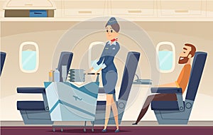 Stewardess background. Avia company persons standing in airport landscape fly pilots of airplane vector cartoon