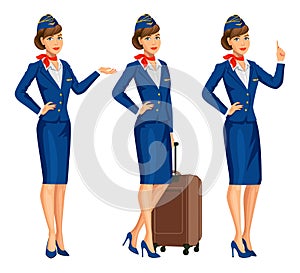 Stewardess in blue uniform. Flying attendants, air hostess