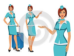 Stewardess in blue uniform. Flying attendants, air hostess pointing on information or standing with bag.