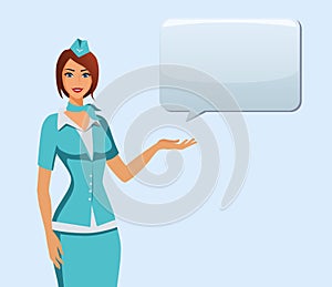 Stewardess in blue uniform. Flying attendants, air hostess pointing on information or standing with bag.