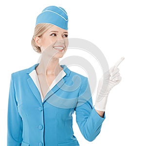 Stewardess In Blue Uniform Pointing The Finger