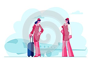 Stewardess Flight Attendant Air Hostess Girls Wearing Red Uniform and Cap Holding Suitcase Stand on Airplane Background Departure