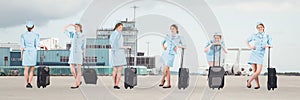 Stewardess holding baggage collage against airport background