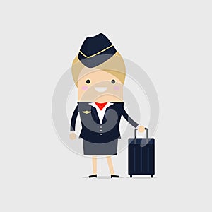 Stewardess holding suitcase. Air hostess with suitcase. Flying attendants.