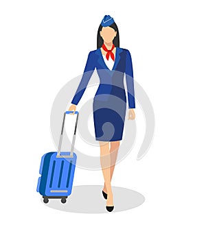 Stewardess Holding Suitcase. flying attendants ,air hostess , Vector illustration.Profession: stewardess. Isolated on white backgr