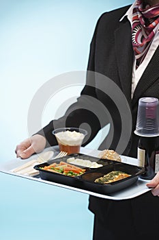 Stewardess Holding Tray With Airplane Food