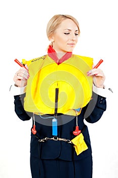 Stewardess in a life jacket
