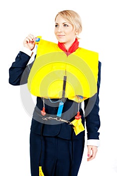 Stewardess in a life jacket
