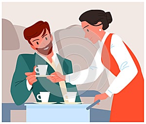 Stewardess offering coffee to passenger, flight attendant serving drink to man in chair