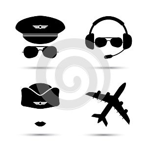 Stewardess, pilot, airplane vector icons