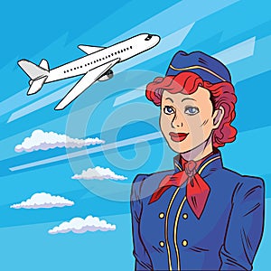 Stewardess in pop art style. Background plane takes off. Floating in clouds airplane. Welcome aboard. Illustration in comic style.