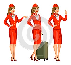 Stewardess in red uniform. Flying attendants, air hostess