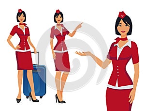 Stewardess in red uniform. Flying attendants, air hostess pointing on information or standing with bag.