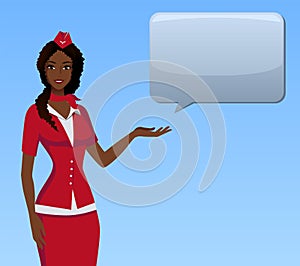 Stewardess in red uniform. Flying attendants, air hostess pointing on information or standing with bag.