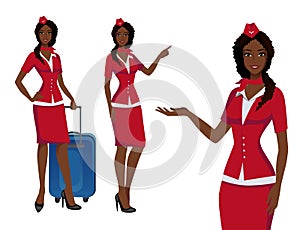 Stewardess in red uniform. Flying attendants, air hostess pointing on information or standing with bag.