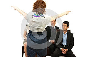 Stewardess show emergency exits