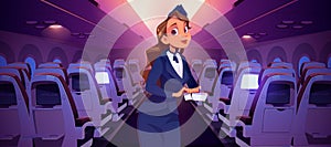 Stewardess with ticket inside airplane cabin