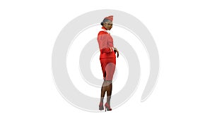 Stewardess turns with her back and waves her hand. Alpha channel. Back view