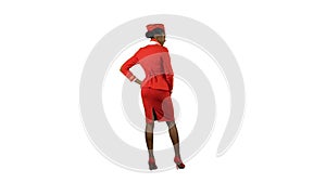 Stewardess turns with her back and waves her hand. Alpha channel. Back view