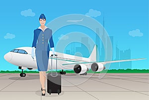 Stewardess in uniform near airplane at the airport. Vector illustration