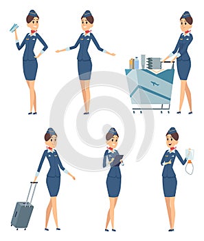 Stewardess. Woman hostess professional blue uniform of boarding airplane girl vector cartoon characters