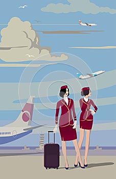 Stewardesses at the airport against the backdrop of aircraft. Vector