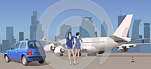 Stewardesses at the airport near the aircraft and cars. Vector