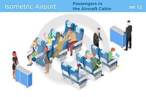 Stewardesses serve passengers on airplane in Aircraft Cabin People travel fly by plane isomatric vector illustration