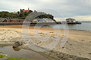 Stewart Island, New Zealand. The beach and pier of Oban township photo