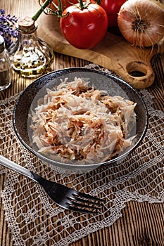 Stewed cabbage with onion and tomato