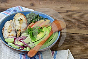 Stewed chard with apples, avocado, fish and salad of cucumbers, onions. AIP breakfast, dinner or lunch. Autoimmune Paleo. Diet hea