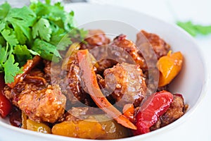 Stewed chicken fillet pieces with vegetables in white bowl with cilantro