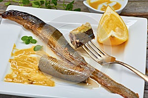 Stewed lamprey on plate