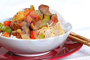 Stewed pork over rice photo