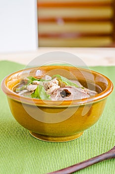 Stewed pork soup with morning glory and bean sprout