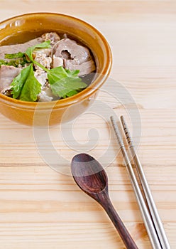 Stewed pork soup with morning glory and bean sprout