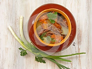 Stewed rabbit with vegetables Goulash in Copper Pot on Wooden Surface, roasted beef meat with carrot, leek, onion in round ceramic