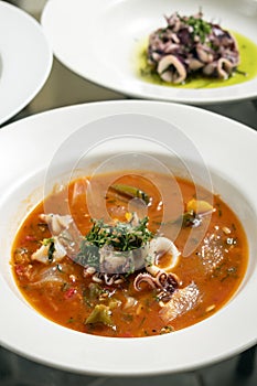 Stewed squid seafood soup in spicy tomato and vegetable sauce photo
