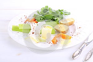 Stewed vegetables with white sour cream sauce on a white plate photo