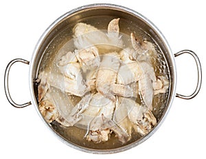 Stewpan with boiled chicken wings isolated